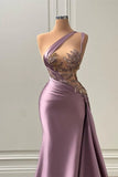Lavender Satin Beaded Lace One Shoulder Mermaid Prom Dress