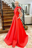 Red Satin One Shoulder Bow Prom Dress With Pockets