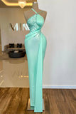 Beaded Embellishments Halter Satin Mint Green Prom Dress