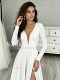 Spandex V Neck A Line Long Sleeve Wedding Dress