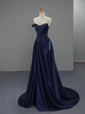 V Neck Satin Dark Blue Sweetheart A Line Prom Dress