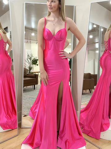 Mermaid Hot Pink Satin High Slit Prom Dress
