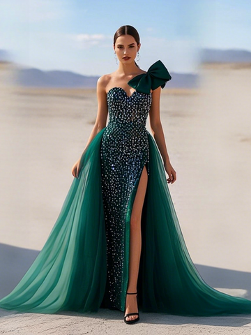 Detachable One Shoulder Bow Dark Green Prom Dress With Slit