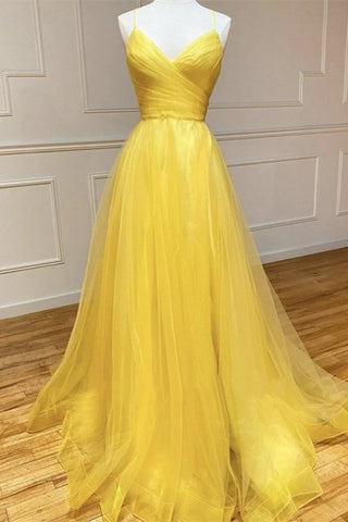 Draped Bodice A-Line Yellow Tulle Prom Dress
