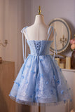 Short A-Line Spaghetti Strap Blue Tulle Homecoming Dress