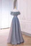 Off The Shoulder Blue A Line Sparkle Prom Dress