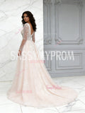 Champagne Tulle Long Sleeves V Neck Beading A Line Wedding Dress