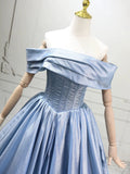 Off Shoulder Satin Blue A Line Elegant Prom Dres