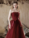 Tulle A Line Lace Up Belt Burgundy Prom Dress