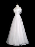 Off Shoulder Organza A Line White Ruched Wedding Dress