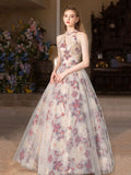 Floral Print A Line Backless High Neck Prom Dress