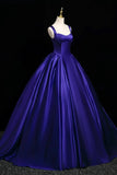Straps Square A Line Satin Royal Purple Prom Dress