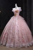 Lace Off The Shoulder A Line Beading Pink Tulle Prom Dress