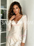 Champagne V Neck Long Sleeve Elastic Satin Tea Length Wedding Dress With Slit