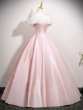 Off Shoulder Satin Pink A Line Ruffles Prom Dress
