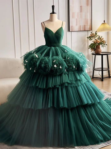 Open Back V Neck Ball Gown Green Prom Dress With Feather