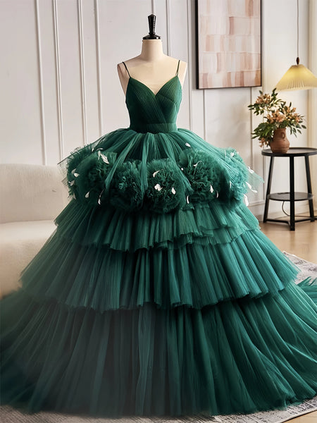 green emerald velvet dress Dark Green Long Feathered Prom Dress Emerald / 8 main image 1