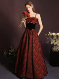 Rose Print A-Line Floor Length Burgundy Prom Dress
