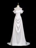 Off Shoulder Satin White A Line Ruched Prom Dress