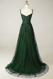 Green Tulle Lace Appluques Spaghetti Straps Prom Dress