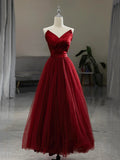 V Neck Satin Tulle A Line Burgundy Prom Dress