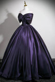 Off The Shoulder A Line Purple Satin Prom Dress