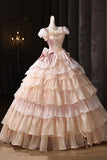Pink Ball Gown Ruffles Lace Vintage Flower Prom Dress