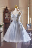 Gray Tulle Knee Length Spaghetti Strap Homecoming Dress