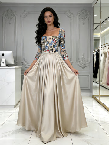 Lace Square A Line Long Sleeve Satin Prom Dress