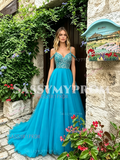 Spaghetti Straps Chiffon Blue Cold Shoulder Beading Prom Dress