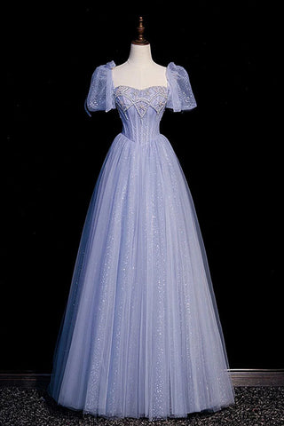 Puffy Sleeves A Line Sweetheart Tulle Blue Prom Dress