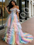 Sparkle Tulle Rainbow Off The Shoulder A Line Prom Dress