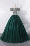 Tulle Off The Shoulder Green Beading Sparkle Prom Dress