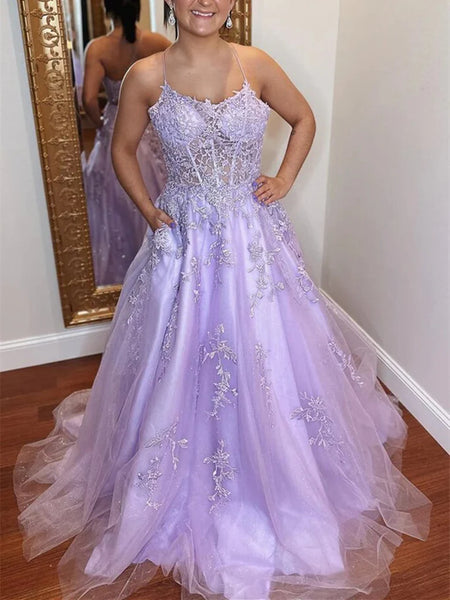 2023 V Neck Backless Purple Tulle Appliques Long Prom Dress – Sassymyprom