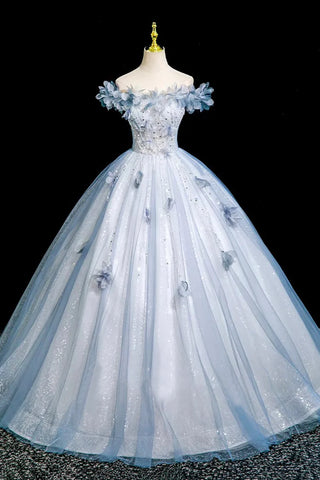 Flowers Floral A Line Blue Tulle Prom Dress