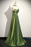 Satin Ruched A Line Green Lace Up Shawl Pom Dress