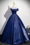 Long Scoop Beading A Line Navy Satin Prom Dress