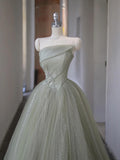 Sequins Strapless Green Tulle A Line Prom Dress