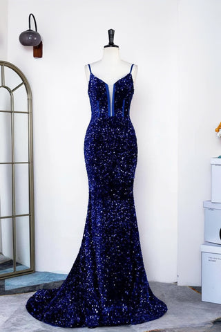 Royal Blue Sequin Backless Mermaid Sheer Prom Dress