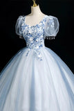 Short Sleeve A Line Appliques Blue Tulle Prom Dress