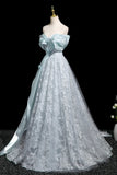 Flower Lace A Line Blue Off the Shoulder Prom Dress