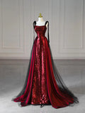 Burgundy Sequins A Line Spaghetti Straps Prom Dress