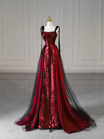Burgundy Sequins A Line Spaghetti Straps Prom Dress