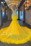 Tassels Feather Yellow Mermaid Backless Prom Dress