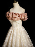 Off Shoulder Tulle Print A Line Champagne Prom Dress