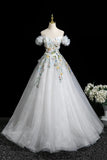 A-Line Off the Shoulder Floral White Off The Prom Dress