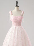 Spaghetti Strap Tulle Sequin Pink A Line Prom Dress
