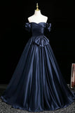 Off-Shoulder Ball Gown Navy Satin Prom Dress With Bow