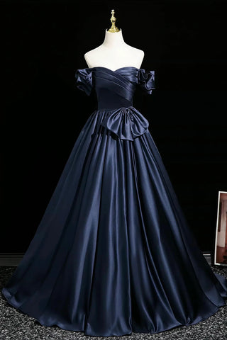Off-Shoulder Ball Gown Navy Satin Prom Dress With Bow