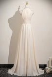 Halter Ruffles A Line Chiffon Champagne Prom Dress